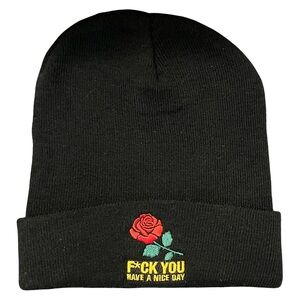 Black Beanie with Rose Embroidery